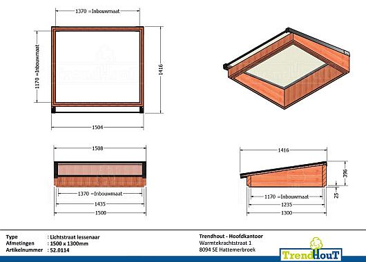 Lichtstraat lessenaar 1500mm, 1300mm diep incl. gelaagd isolatieglas en profielen    52.0114