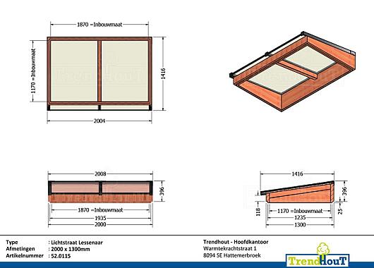 Lichtstraat lessenaar 2000mm, 1300mm diep incl. gelaagd isolatieglas en profielen    52.0115
