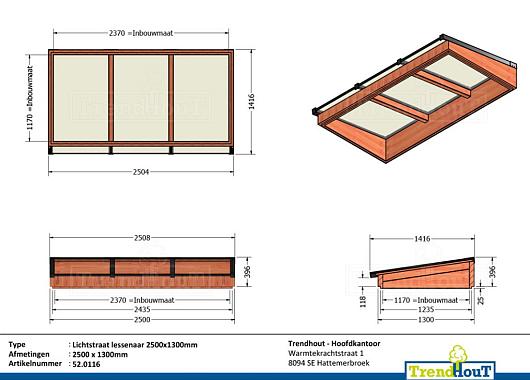 Lichtstraat lessenaar 2500mm, 1300mm diep incl. gelaagd isolatieglas en profielen    52.0116