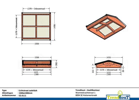 Lichtstraat zadeldak 1500mm, 1300mm diep incl. gelaagd isolatieglas en profielen    52.0111