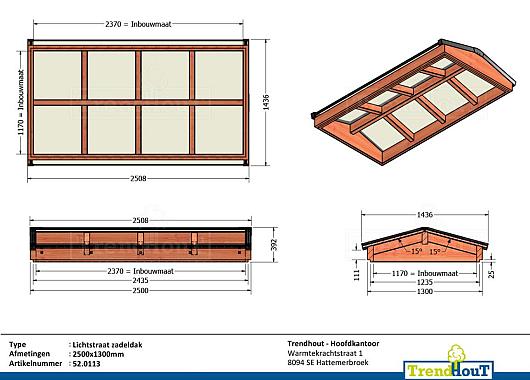 Lichtstraat zadeldak 2500mm, 1300mm diep incl. gelaagd isolatieglas en profielen    52.0113