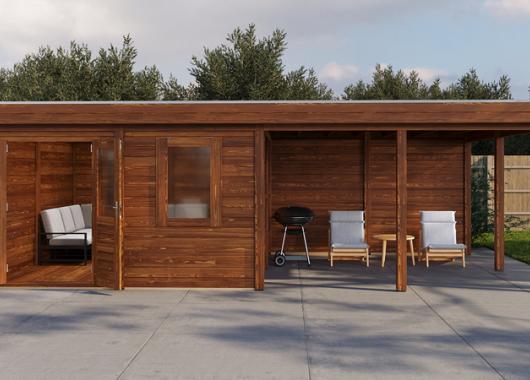 Lugarde Modern tuinhuis 44mm met overkapping Amstelveen 388x388cm + 400cm 