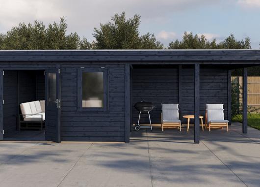 Lugarde Modern tuinhuis 44mm met overkapping Amstelveen 388x388cm + 400cm 