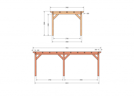 Constructiepakket plat dak | 7015x3460x2500mm | fijnbezaagd Douglas    CP-10.1008