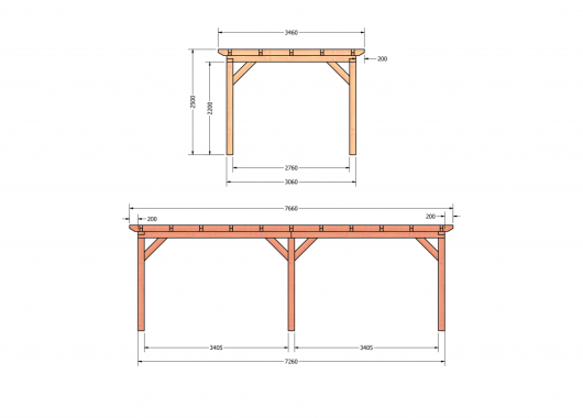 Constructiepakket plat dak | 7660x3460x2500mm | fijnbezaagd Douglas     CP-10.1010