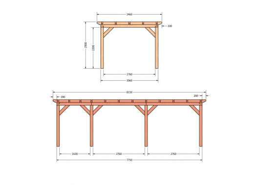 Constructiepakket plat dak | 8150x3460x2500mm | fijnbezaagd Douglas    CP-10.1012