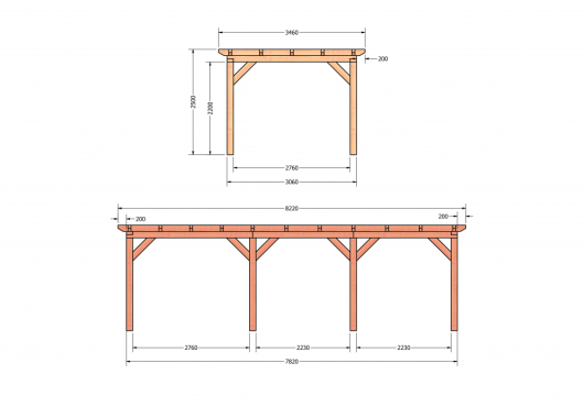 Constructiepakket plat dak | 8220x3460x2500mm | fijnbezaagd Douglas    CP-10.1013
