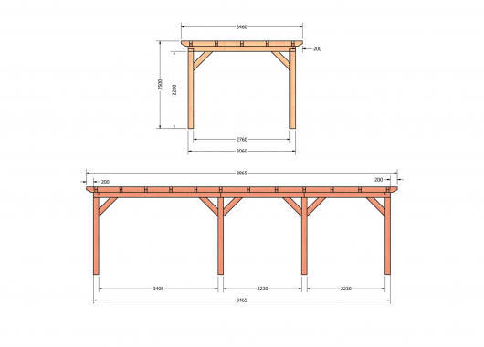Constructiepakket plat dak | 8865x3460x2500mm | fijnbezaagd Douglas     CP-10.1014