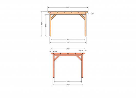 Constructiepakket plat dak | 3460x4105x2500mm | fijnbezaagd Douglas     CP-10.1025