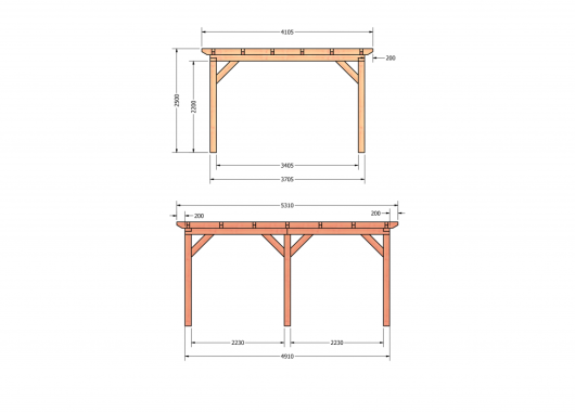 Constructiepakket plat dak | 5310x4105x2500mm | fijnbezaagd Douglas     CP-10.1028