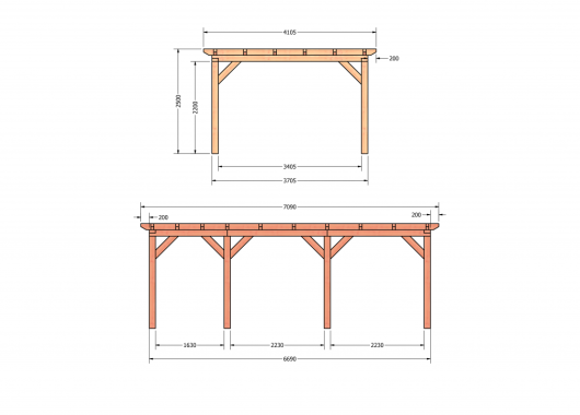 Constructiepakket plat dak | 7090x4105x2500mm | fijnbezaagd Douglas     CP-10.1034