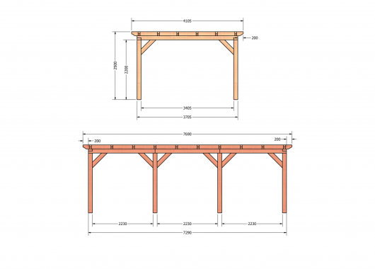 Constructiepakket plat dak | 7690x4105x2500mm | fijnbezaagd Douglas     CP-10.1036