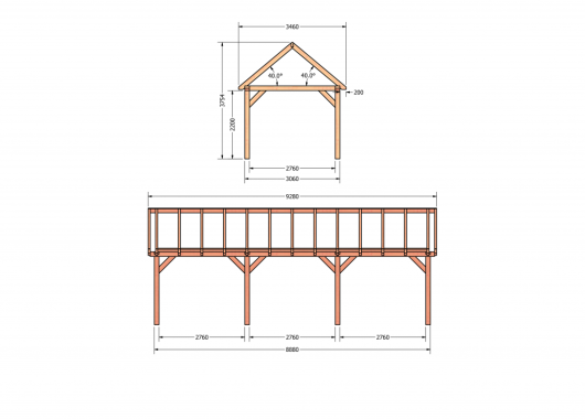 Constructiepakket zadeldak | 9280x3460x3760mm | fijnbezaagd Douglas    CP-20.2015