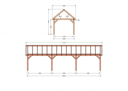 Constructiepakket zadeldak | 11215x3460x3760mm | fijnbezaagd Douglas    CP-20.2017