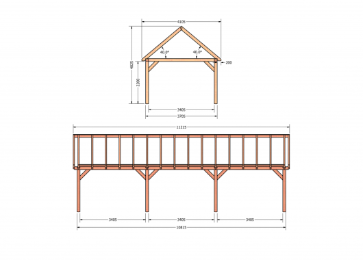 Constructiepakket zadeldak | 11215x4105x4030mm | fijnbezaagd Douglas    CP-20.2042