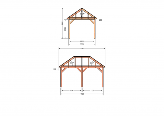 Constructiepakket schilddak | 5310x3460x3760mm | fijnbezaagd Douglas    CP-20.3003