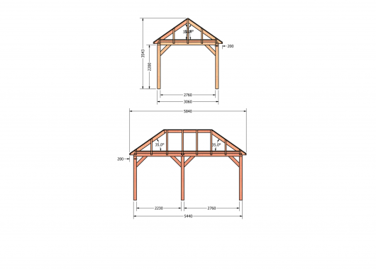 Constructiepakket schilddak | 5840x3460x3760mm | fijnbezaagd Douglas    CP-20.3004