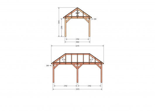 Constructiepakket schilddak | 6370x3460x3760mm | fijnbezaagd Douglas    CP-20.3006