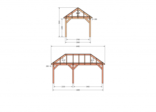 Constructiepakket schilddak | 6485x3460x3760mm | fijnbezaagd Douglas    CP-20.3007