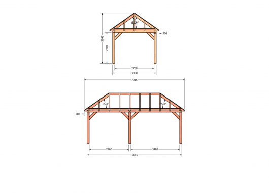 Constructiepakket schilddak | 7015x3460x3760mm | fijnbezaagd Douglas    CP-20.3008