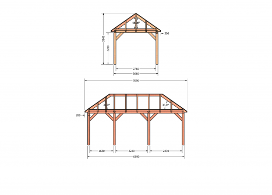 Constructiepakket schilddak | 7090x3460x3760mm | fijnbezaagd Douglas    CP-20.3009