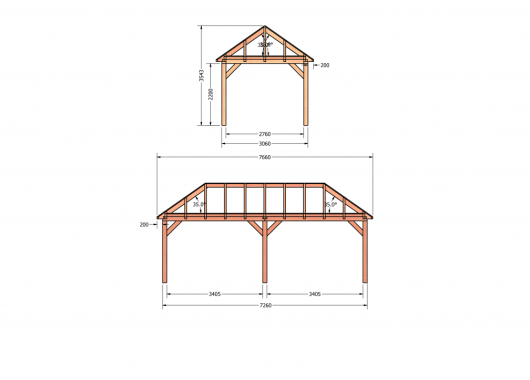 Constructiepakket schilddak | 7660x3460x3760mm | fijnbezaagd Douglas    CP-20.3010