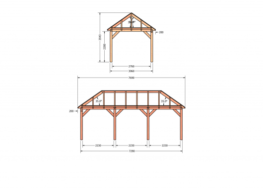 Constructiepakket schilddak | 7690x3460x3760mm | fijnbezaagd Douglas    CP-20.3011