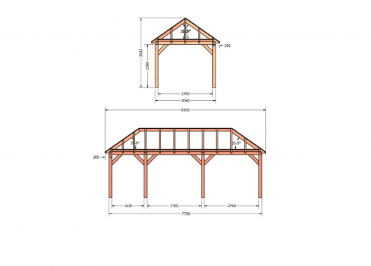Constructiepakket schilddak | 8150x3460x3760mm | fijnbezaagd Douglas    CP-20.3012