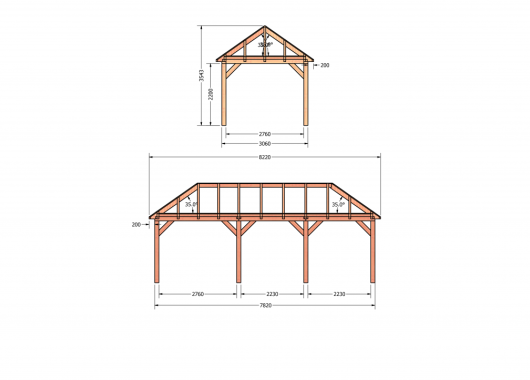 Constructiepakket schilddak | 8220x3460x3760mm | fijnbezaagd Douglas    CP-20.3013