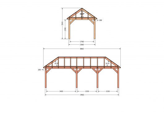 Constructiepakket schilddak | 8865x3460x3760mm | fijnbezaagd Douglas    CP-20.3014