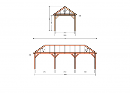 Constructiepakket schilddak | 9280x3460x3760mm | fijnbezaagd Douglas    CP-20.3015