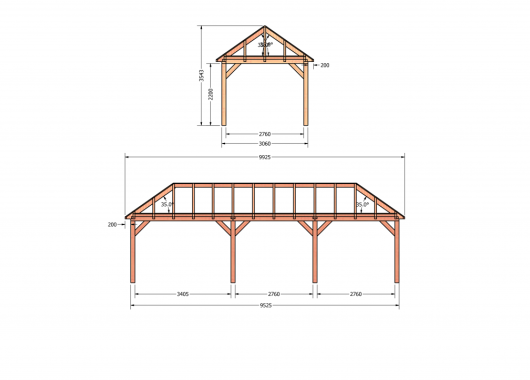 Constructiepakket schilddak | 9925x3460x3760mm | fijnbezaagd Douglas    CP-20.3016
