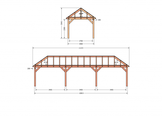 Constructiepakket schilddak | 11215x3460x3760mm | fijnbezaagd Douglas    CP-20.3017