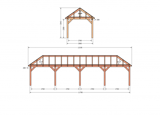 Constructiepakket schilddak | 12190x3460x3760mm | fijnbezaagd Douglas    CP-20.3018