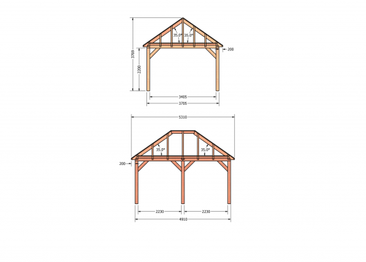 Constructiepakket schilddak | 5310x4105x4030mm | fijnbezaagd Douglas    CP-20.3028