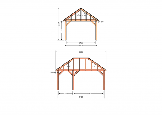 Constructiepakket schilddak | 5885x4105x4030mm | fijnbezaagd Douglas    CP-20.3030