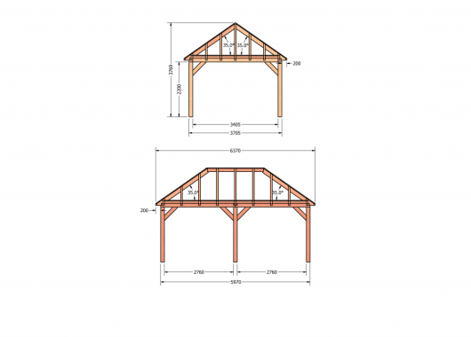 Constructiepakket schilddak | 6370x4105x4030mm | fijnbezaagd Douglas    CP-20.3031
