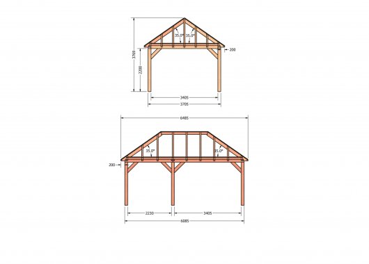 Constructiepakket schilddak | 6485x4105x4030mm | fijnbezaagd Douglas    CP-20.3032