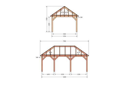 Constructiepakket schilddak | 7090x4105x4030mm | fijnbezaagd Douglas    CP-20.3034