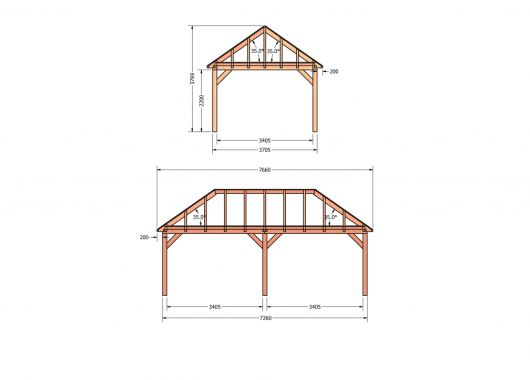 Constructiepakket schilddak | 7660x4105x4030mm | fijnbezaagd Douglas    CP-20.3035