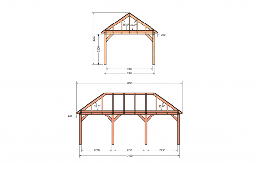 Constructiepakket schilddak | 7690x4105x4030mm | fijnbezaagd Douglas    CP-20.3036