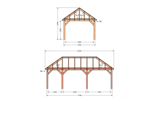 Constructiepakket schilddak | 8150x4105x4030mm | fijnbezaagd Douglas    CP-20.3037