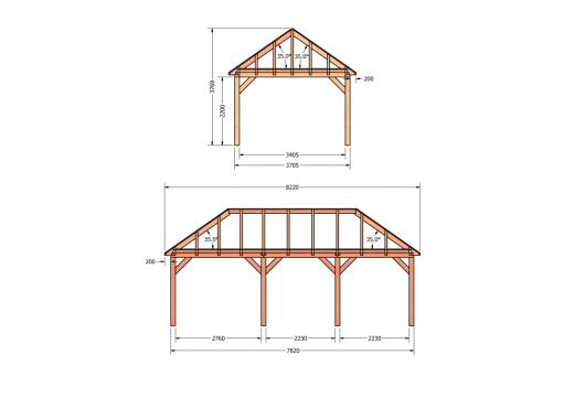 Constructiepakket schilddak | 8220x4105x4030mm | fijnbezaagd Douglas    CP-20.3038