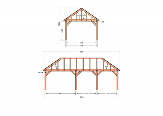 Constructiepakket schilddak | 8865x4105x4030mm | fijnbezaagd Douglas    CP-20.3039