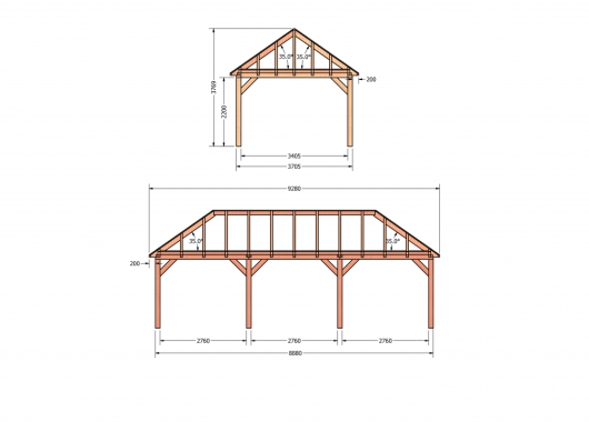 Constructiepakket schilddak | 9280x4105x4030mm | fijnbezaagd Douglas    CP-20.3040