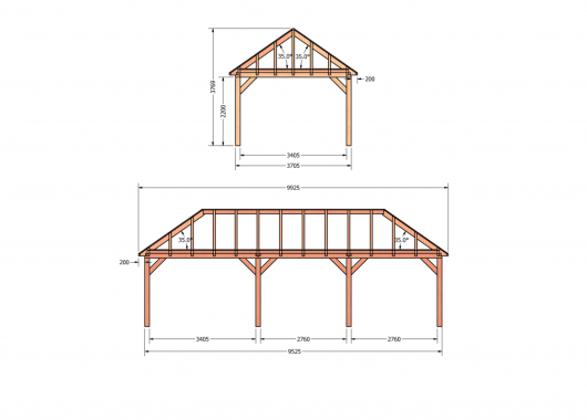 Constructiepakket schilddak | 9925x4105x4030mm | fijnbezaagd Douglas    CP-20.3041