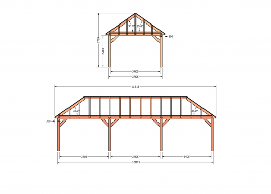 Constructiepakket schilddak | 11215x4105x4030mm | fijnbezaagd Douglas    CP-20.3042